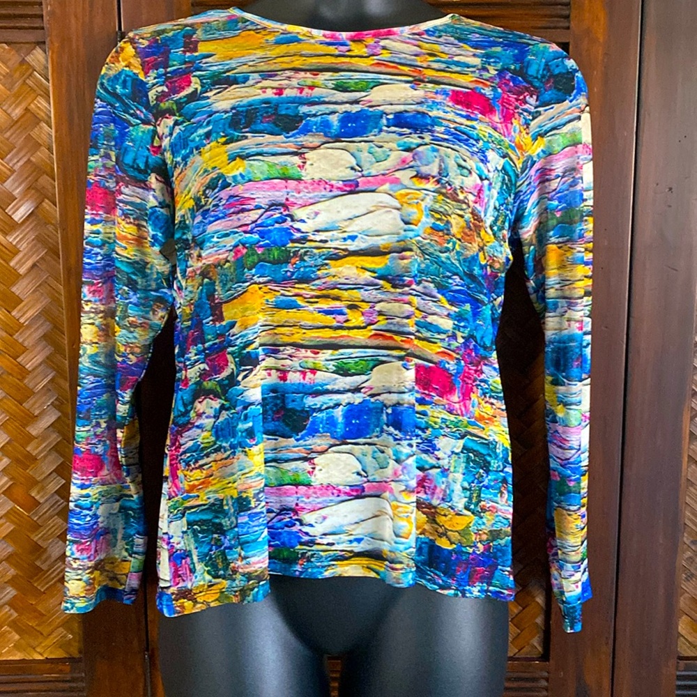 Women's Mesh Long Sleeve Painted Stripe Print Tee - Multicolor
